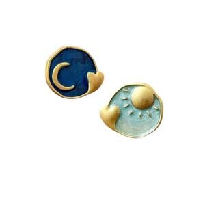 Artistic Moon Sun Earrings! Beautiful Blue and Aqua  Gold Plated